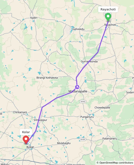 Route map showing distance and travel time from Rayachoti, India to Kolar, India