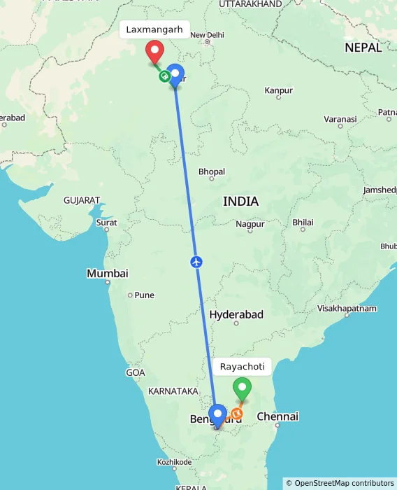 Route map showing distance and travel time from Rayachoti, India to Laxmangarh, India
