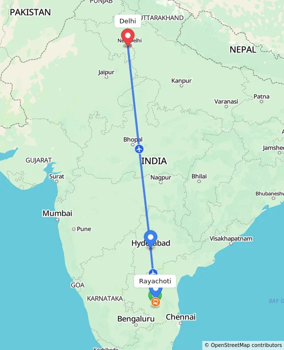 Route map showing distance and travel time from Rayachoti, India to Delhi, India