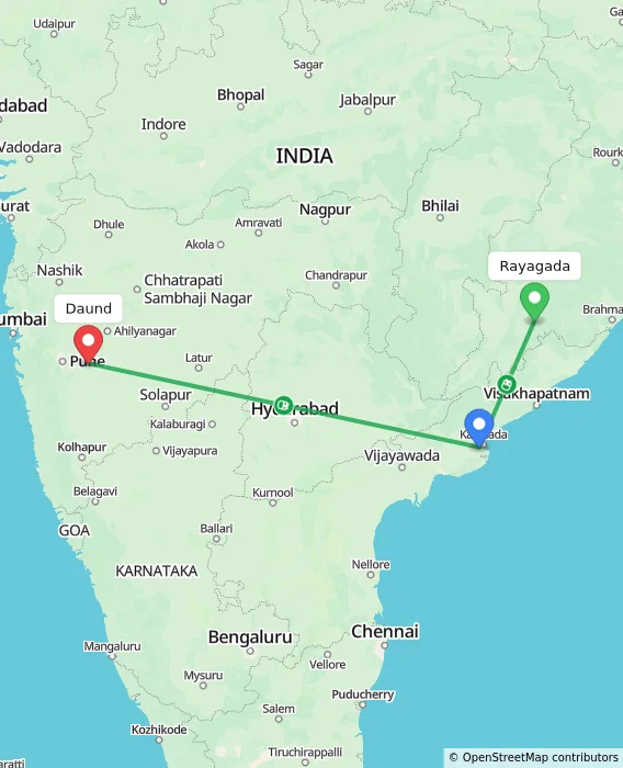 Route map showing distance and travel time from Rayagada, India to Daund, India