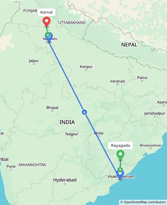 Route map showing distance and travel time from Rayagada, India to Karnal, India