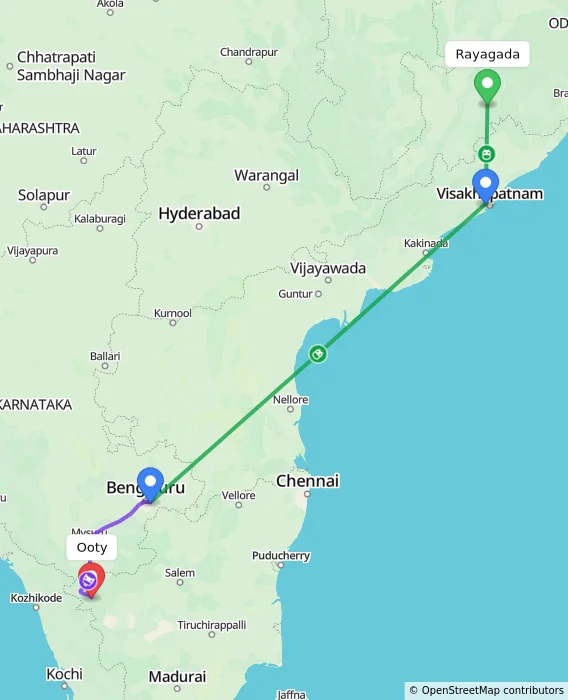 Route map showing distance and travel time from Rayagada, India to Ooty, India
