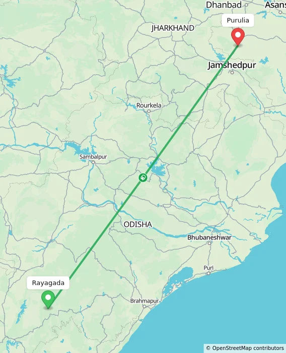 Route map showing distance and travel time from Rayagada, India to Purulia, India