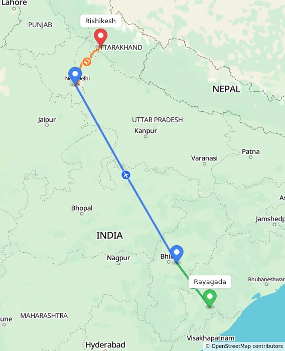 Route map showing distance and travel time from Rayagada, India to Rishikesh, India