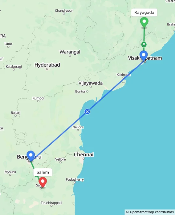 Route map showing distance and travel time from Rayagada, India to Salem, India