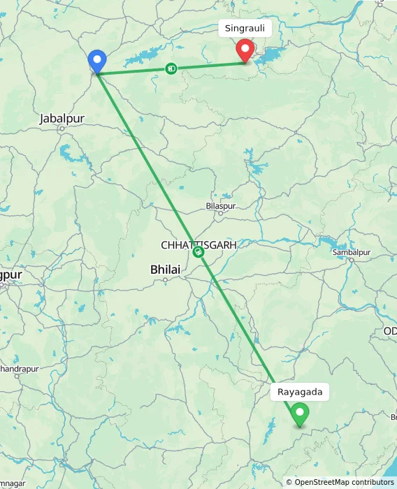 Route map showing distance and travel time from Rayagada, India to Singrauli, India