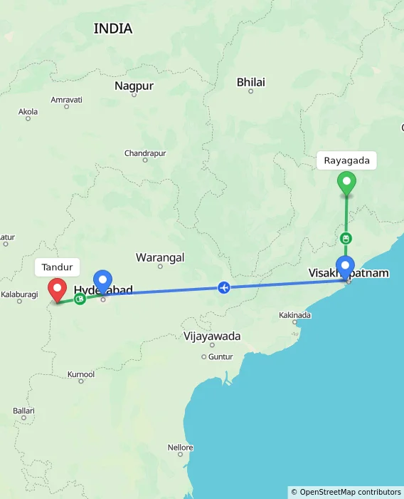 Route map showing distance and travel time from Rayagada, India to Tandur, India