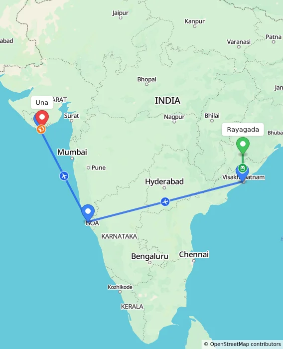 Route map showing distance and travel time from Rayagada, India to Una, India