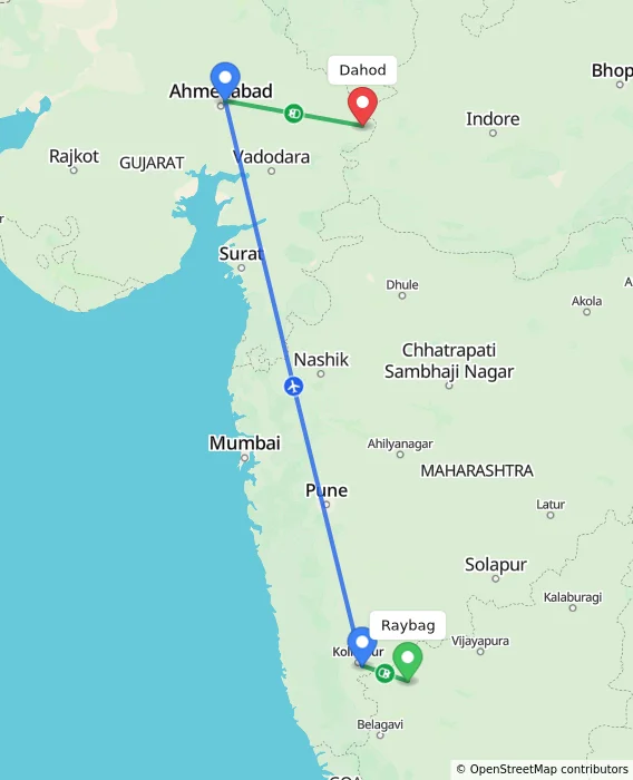 Route map showing distance and travel time from Raybag, India to Dahod, India