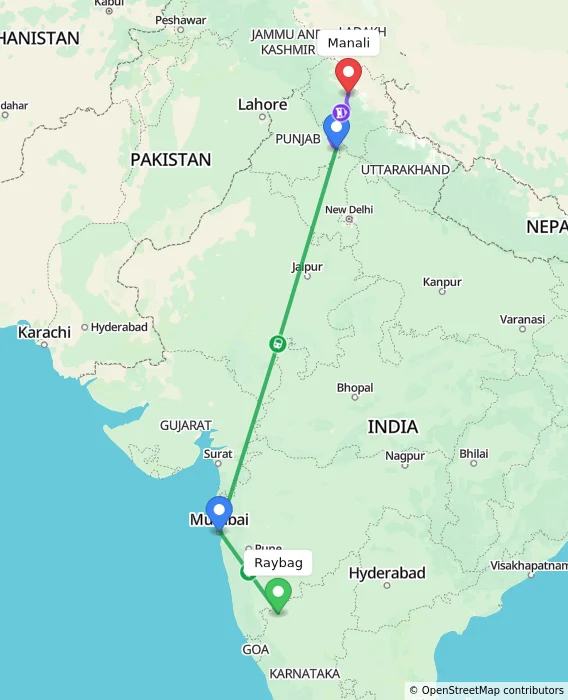 Route map showing distance and travel time from Raybag, India to Manali, India