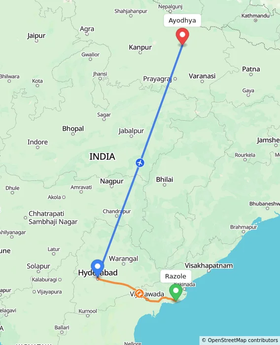 Route map showing distance and travel time from Razole, India to Ayodhya, India