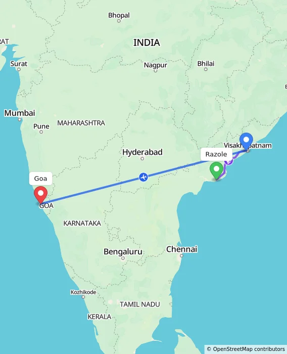 Route map showing distance and travel time from Razole, India to Goa, India