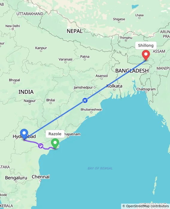 Route map showing distance and travel time from Razole, India to Shillong, India