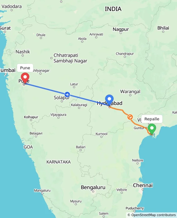 Route map showing distance and travel time from Repalle, India to Pune, India
