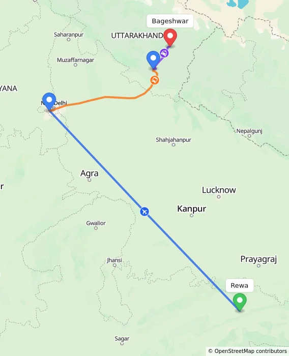 Route map showing distance and travel time from Rewa, India to Bageshwar, India