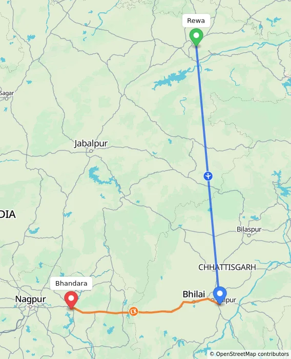 Route map showing distance and travel time from Rewa, India to Bhandara, India