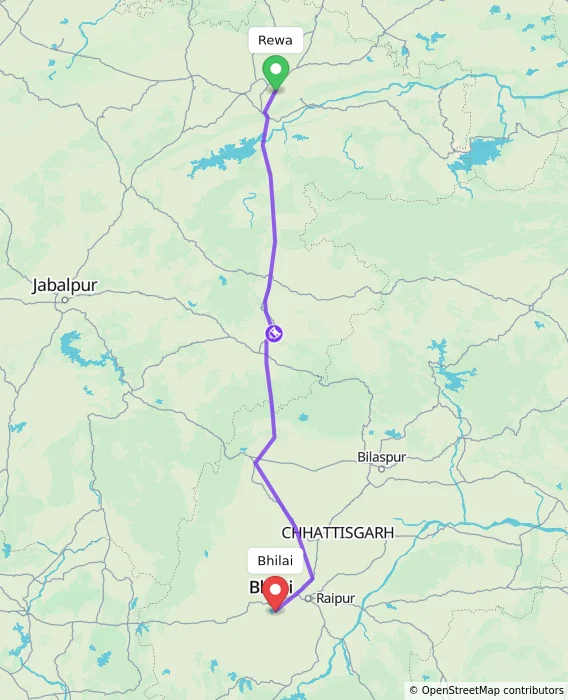 Route map showing distance and travel time from Rewa, India to Bhilai, India