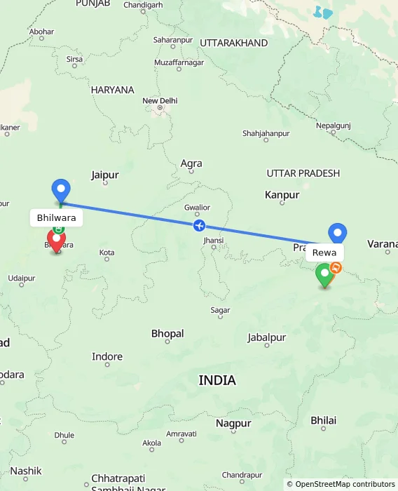 Route map showing distance and travel time from Rewa, India to Bhilwara, India