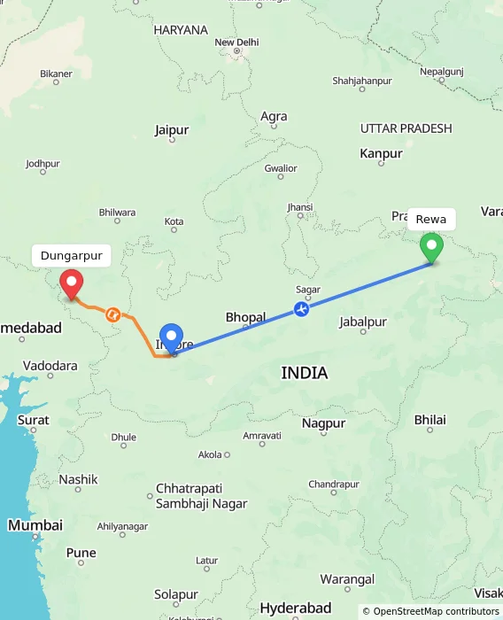 Route map showing distance and travel time from Rewa, India to Dungarpur, India