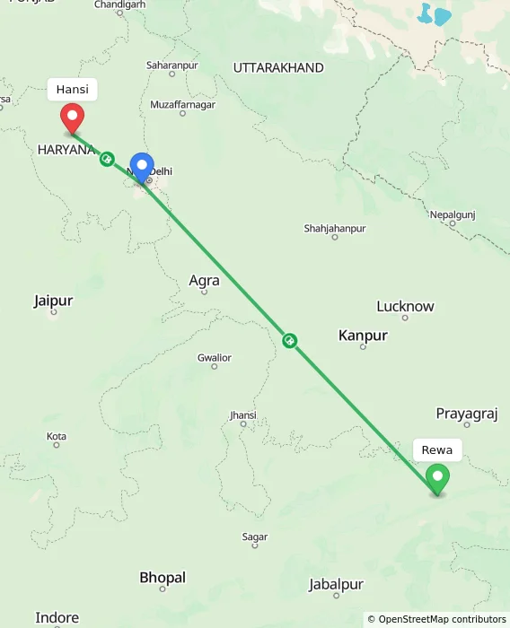 Route map showing distance and travel time from Rewa, India to Hansi, India