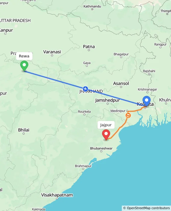 Route map showing distance and travel time from Rewa, India to Jajpur, India