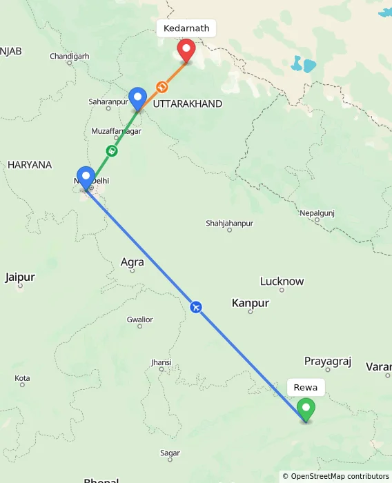 Route map showing distance and travel time from Rewa, India to Kedarnath, India