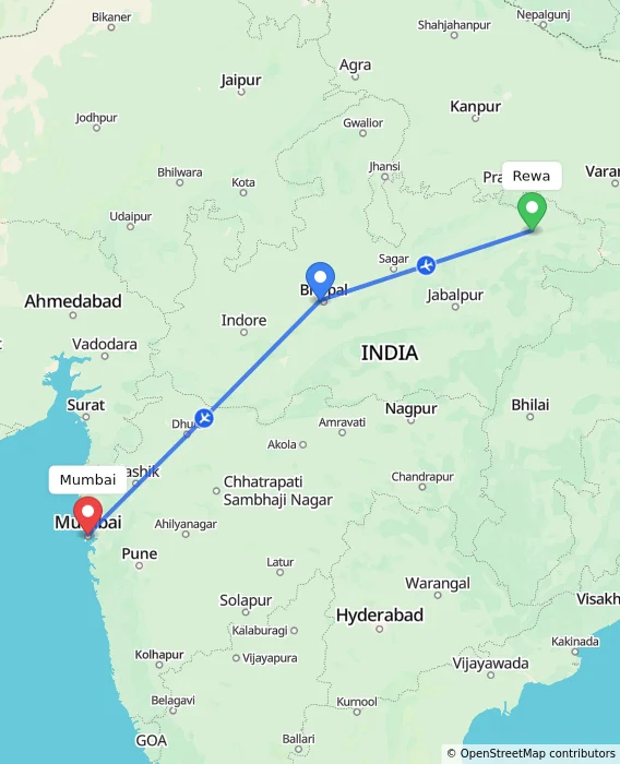 Route map showing distance and travel time from Rewa, India to Mumbai, India