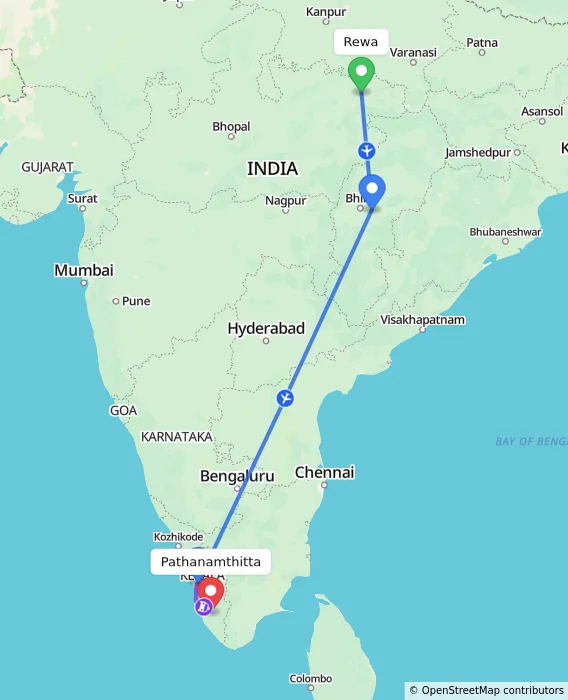 Route map showing distance and travel time from Rewa, India to Pathanamthitta, India