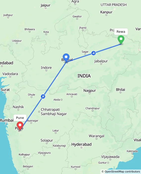 Route map showing distance and travel time from Rewa, India to Pune, India