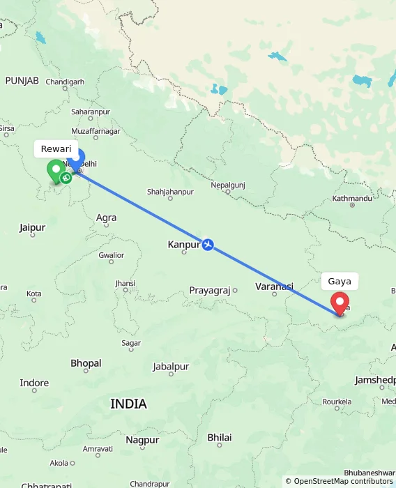 Route map showing distance and travel time from Rewari, India to Gaya, India