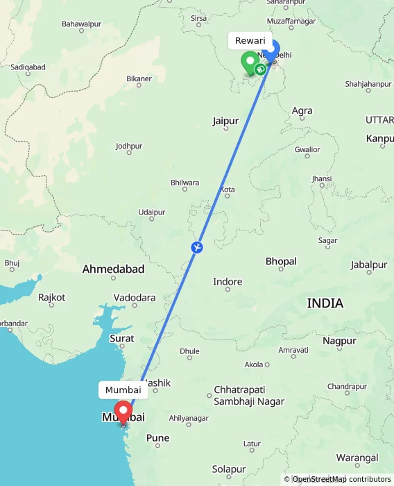 Route map showing distance and travel time from Rewari, India to Mumbai, India