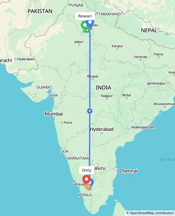Route map showing distance and travel time from Rewari, India to Ooty, India
