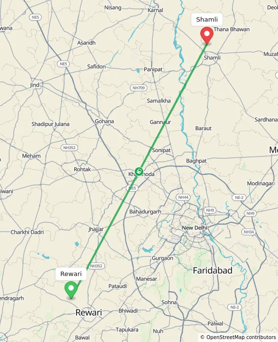Route map showing distance and travel time from Rewari, India to Shamli, India