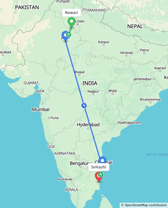 Route map showing distance and travel time from Rewari, India to Sirkazhi, India