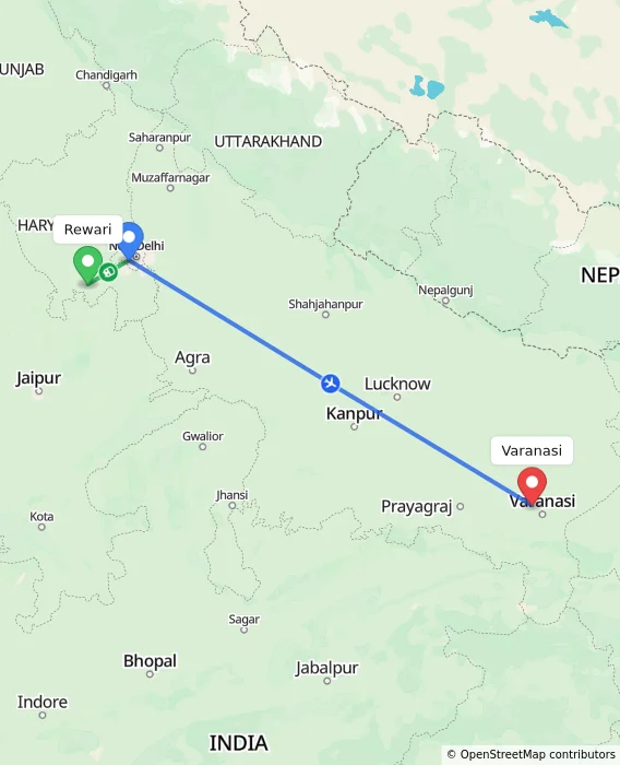 Route map showing distance and travel time from Rewari, India to Varanasi, India