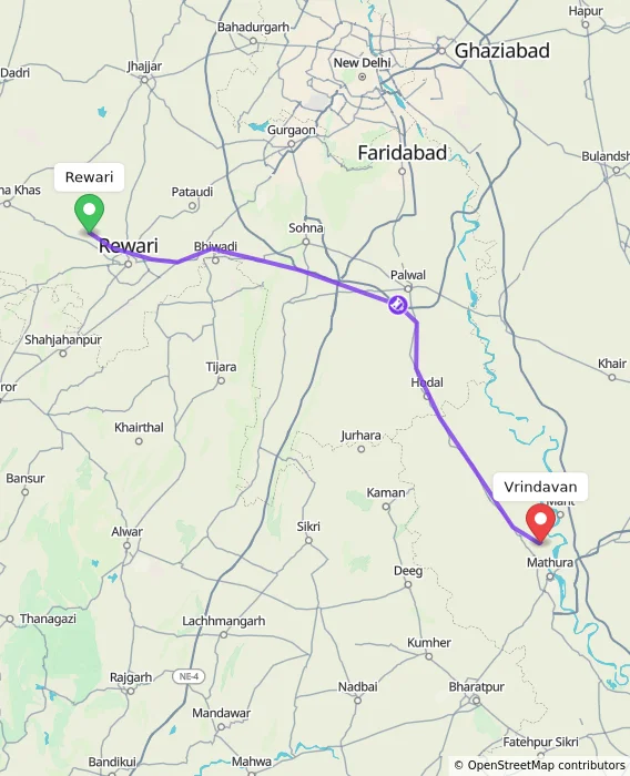 Route map showing distance and travel time from Rewari, India to Vrindavan, India