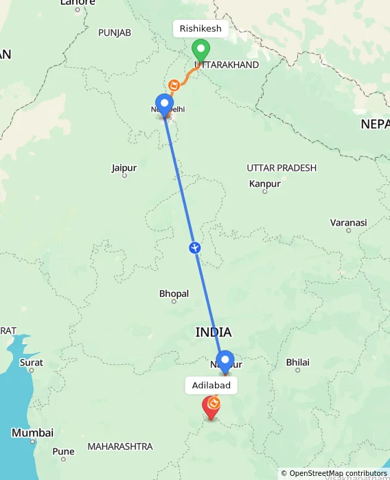 Route map showing distance and travel time from Rishikesh, India to Adilabad, India