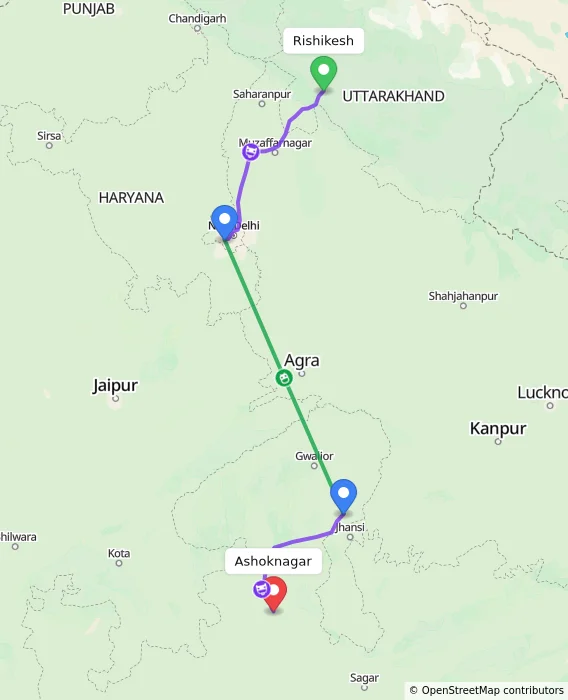 Route map showing distance and travel time from Rishikesh, India to Ashoknagar, India