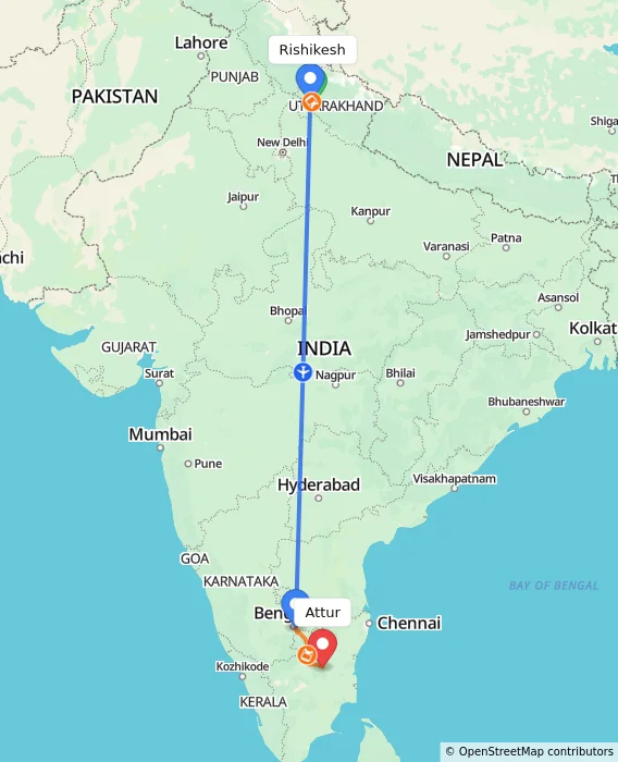 Route map showing distance and travel time from Rishikesh, India to Attur, India