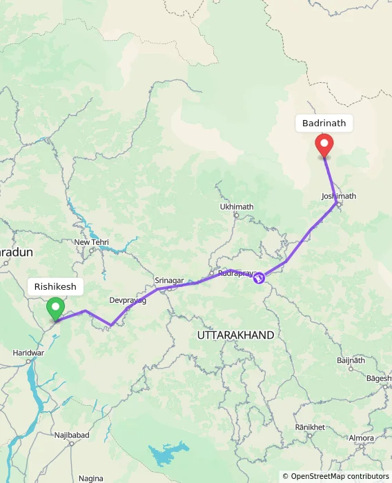 Route map showing distance and travel time from Rishikesh, India to Badrinath, India