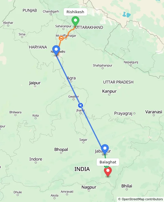 Route map showing distance and travel time from Rishikesh, India to Balaghat, India