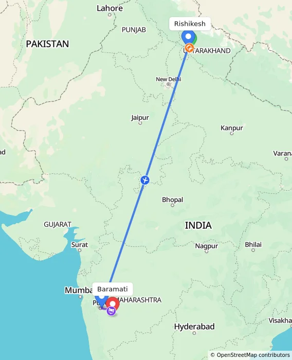 Route map showing distance and travel time from Rishikesh, India to Baramati, India