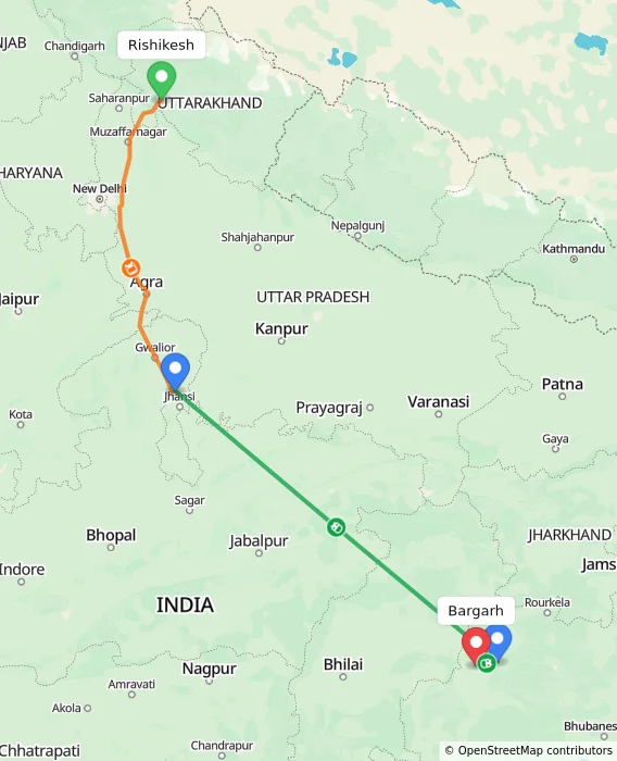 Route map showing distance and travel time from Rishikesh, India to Bargarh, India