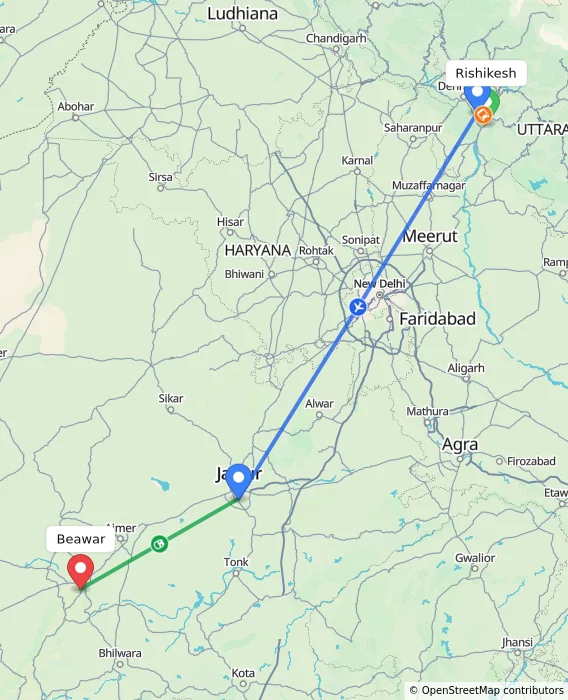 Route map showing distance and travel time from Rishikesh, India to Beawar, India