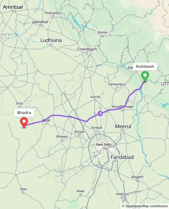 Route map showing distance and travel time from Rishikesh, India to Bhadra, India