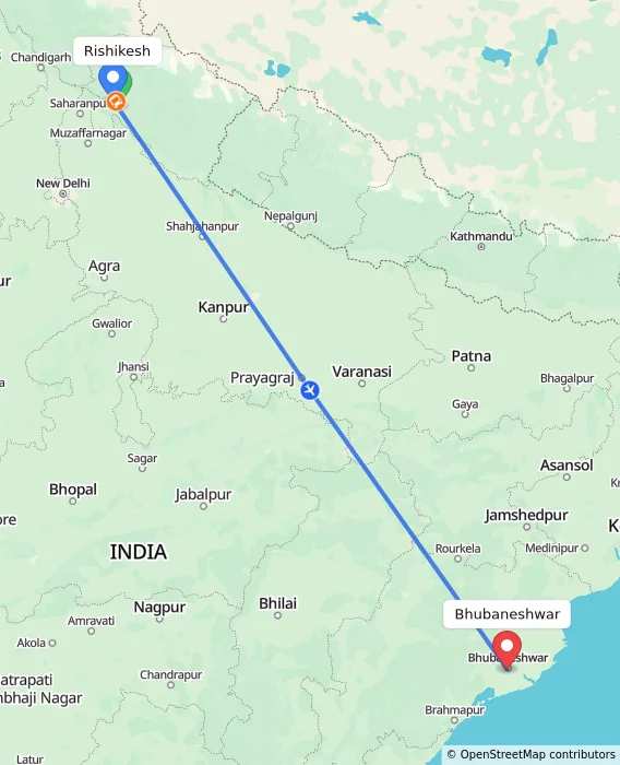 Route map showing distance and travel time from Rishikesh, India to Bhubaneshwar, India