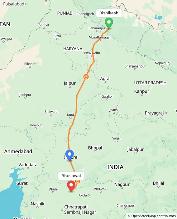 Route map showing distance and travel time from Rishikesh, India to Bhusawal, India