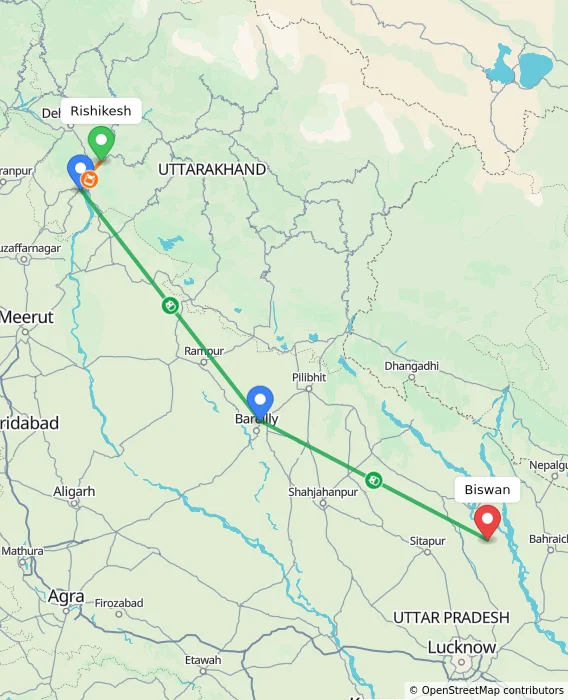 Route map showing distance and travel time from Rishikesh, India to Biswan, India