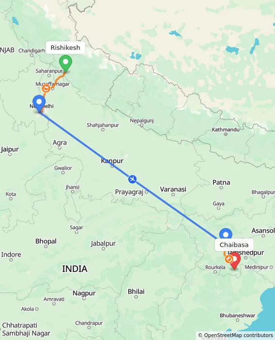 Route map showing distance and travel time from Rishikesh, India to Chaibasa, India