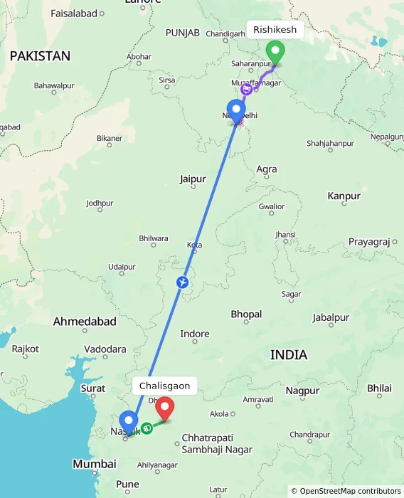 Route map showing distance and travel time from Rishikesh, India to Chalisgaon, India
